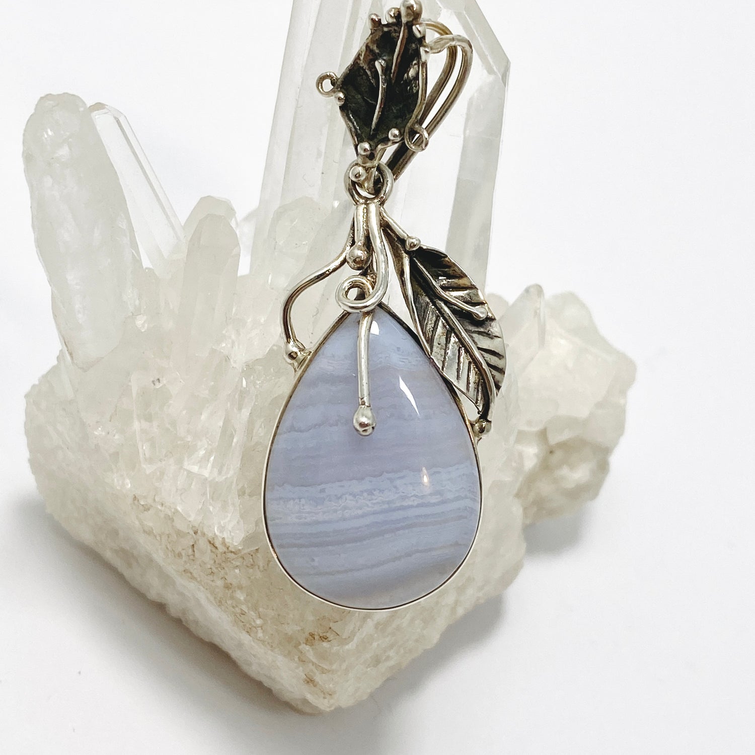Blue Lace Agate Teardrop Cabochon Pendant in a Botanical Setting PPGJ989
