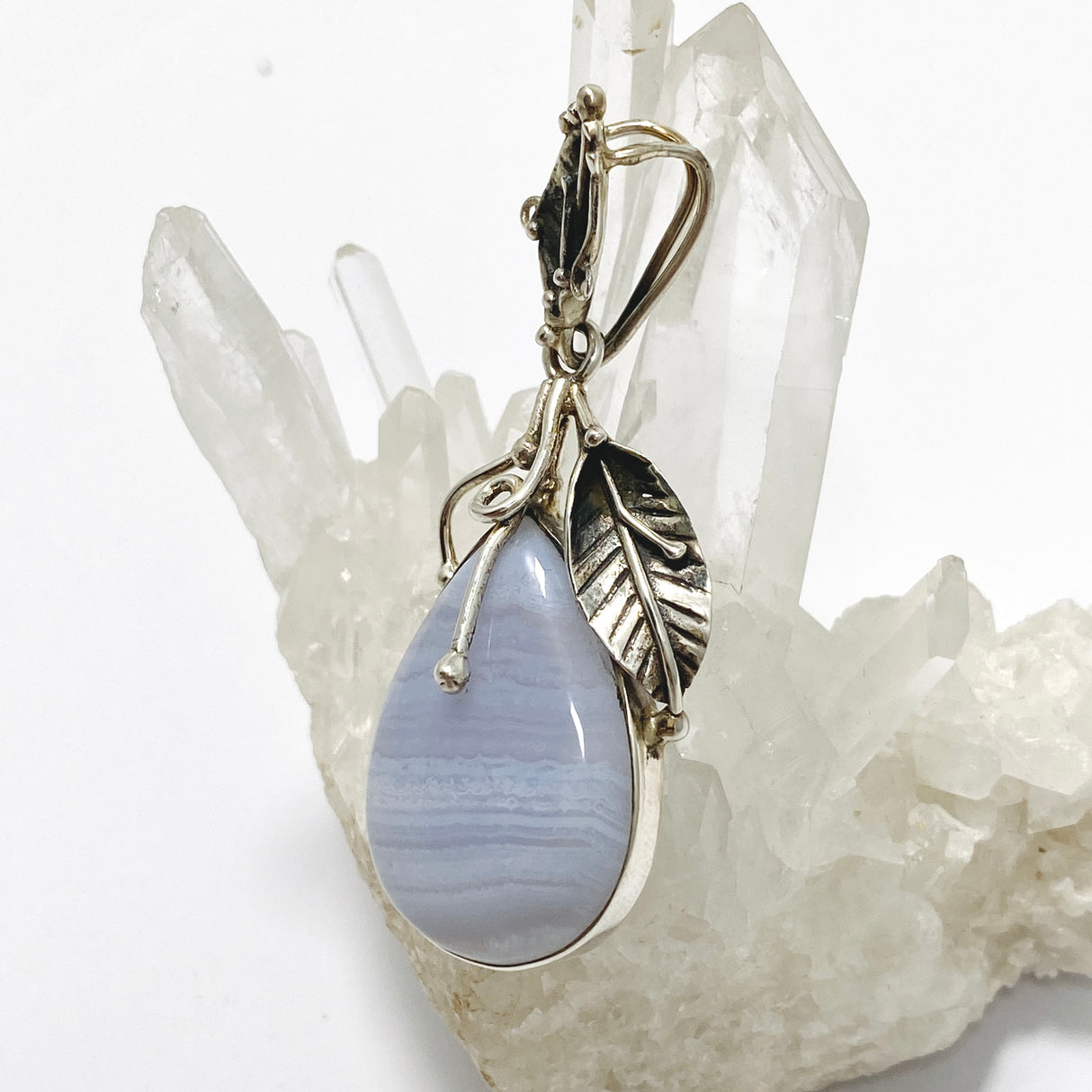 Blue Lace Agate Teardrop Cabochon Pendant in a Botanical Setting PPGJ989