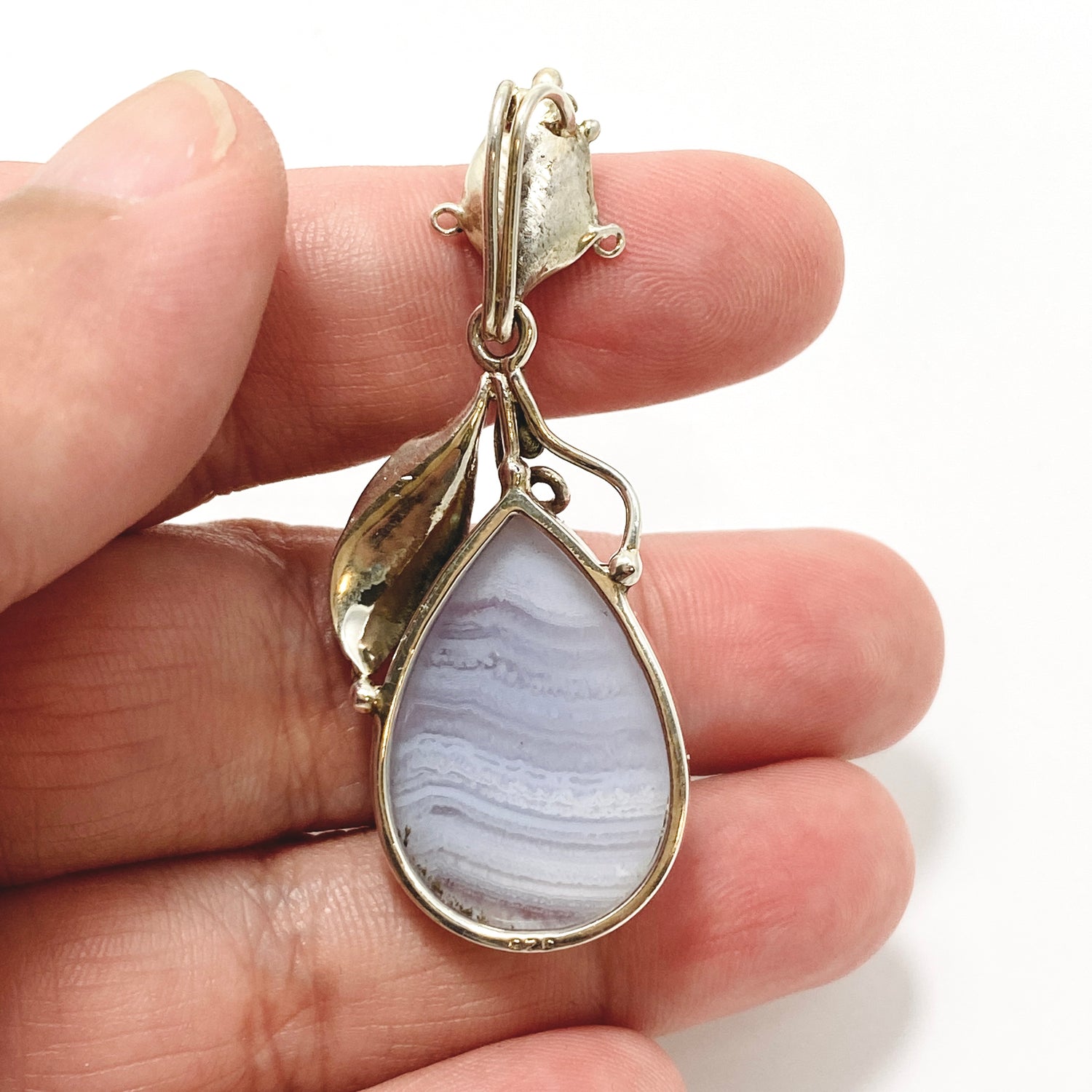 Blue Lace Agate Teardrop Cabochon Pendant in a Botanical Setting PPGJ989