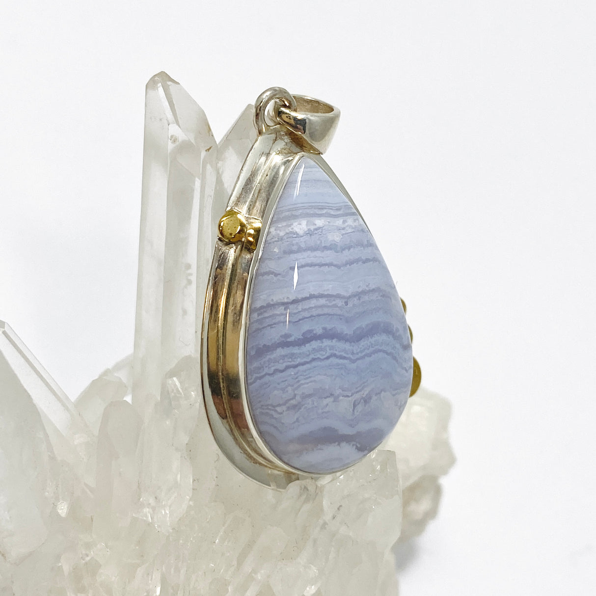 Blue Lace Agate Teardrop Cabochon Pendant in a Decorative Setting KPGJ4833