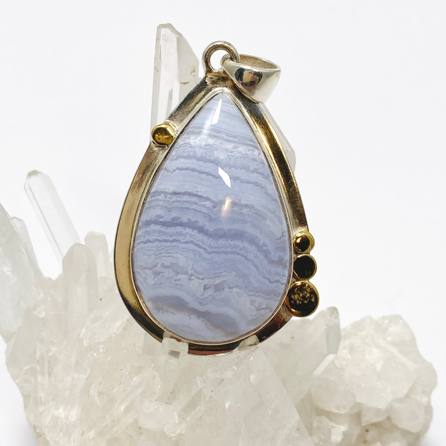 Blue Lace Agate Teardrop Cabochon Pendant in a Decorative Setting KPGJ4833