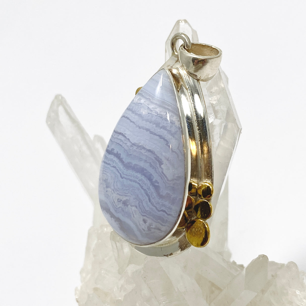 Blue Lace Agate Teardrop Cabochon Pendant in a Decorative Setting KPGJ4833