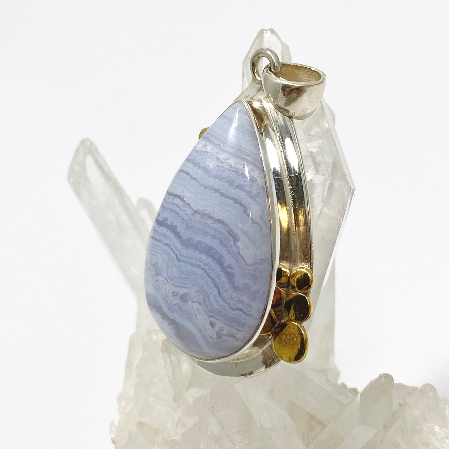 Blue Lace Agate Teardrop Cabochon Pendant in a Decorative Setting KPGJ4833