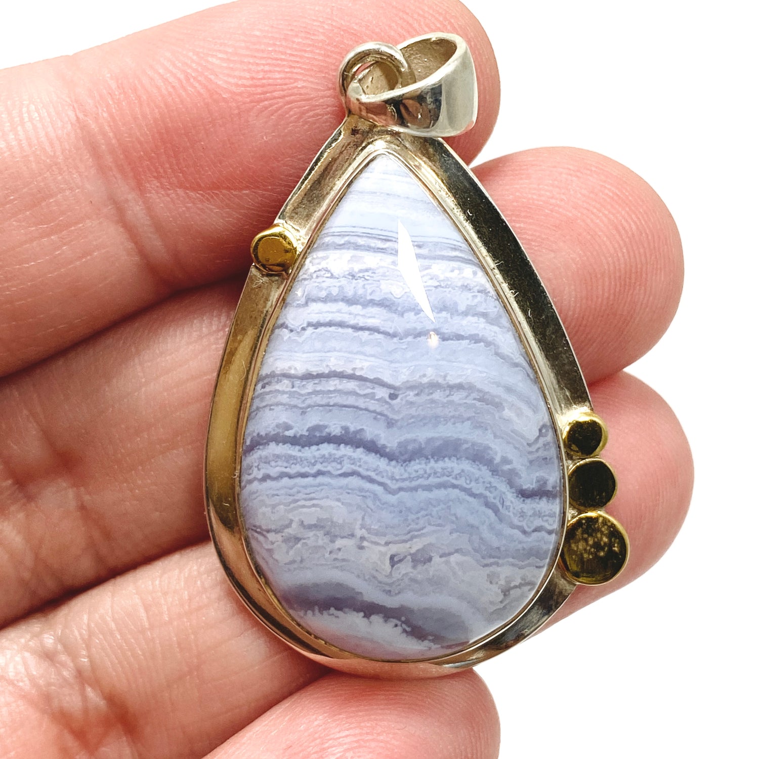 Blue Lace Agate Teardrop Cabochon Pendant in a Decorative Setting KPGJ4833