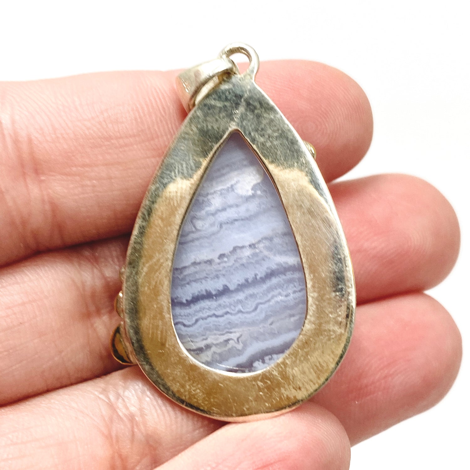 Blue Lace Agate Teardrop Cabochon Pendant in a Decorative Setting KPGJ4833