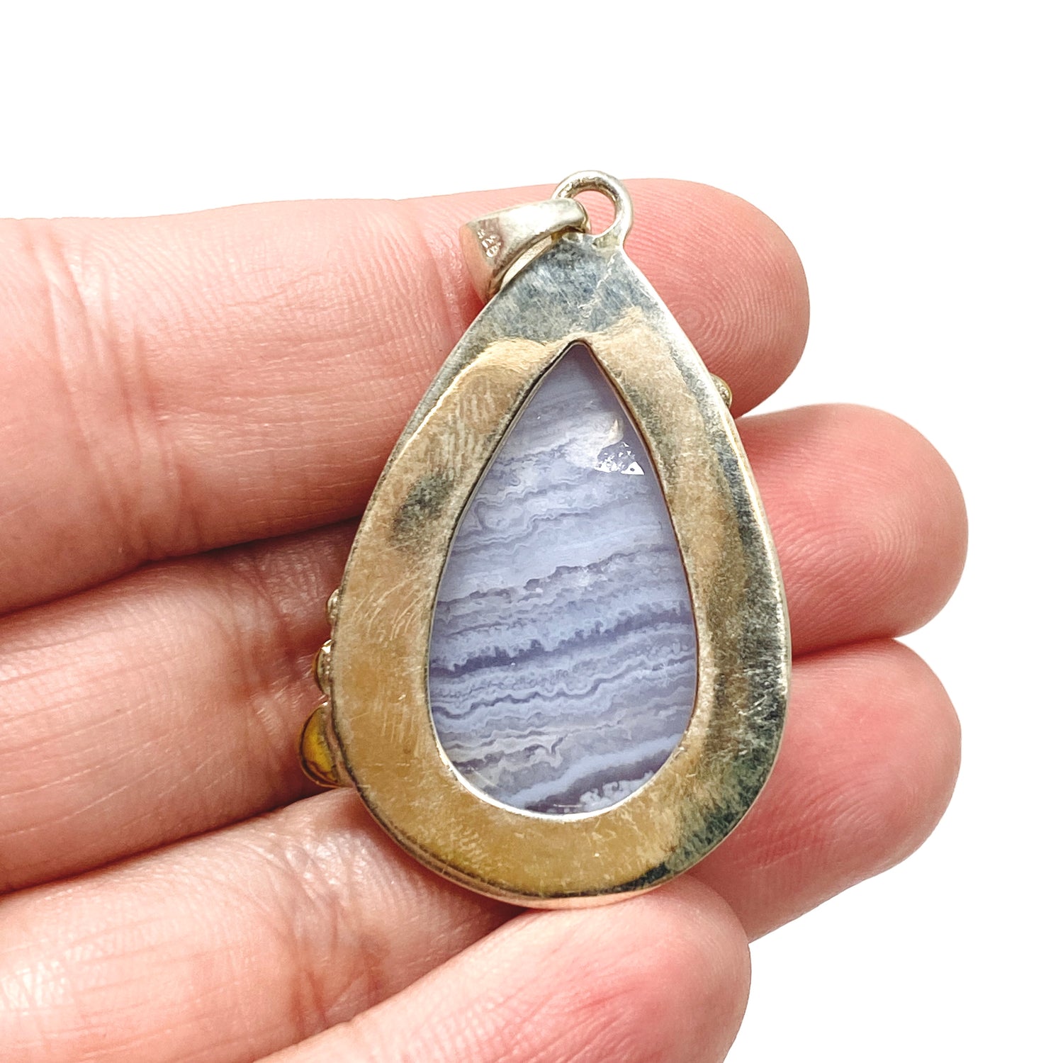 Blue Lace Agate Teardrop Cabochon Pendant in a Decorative Setting KPGJ4833