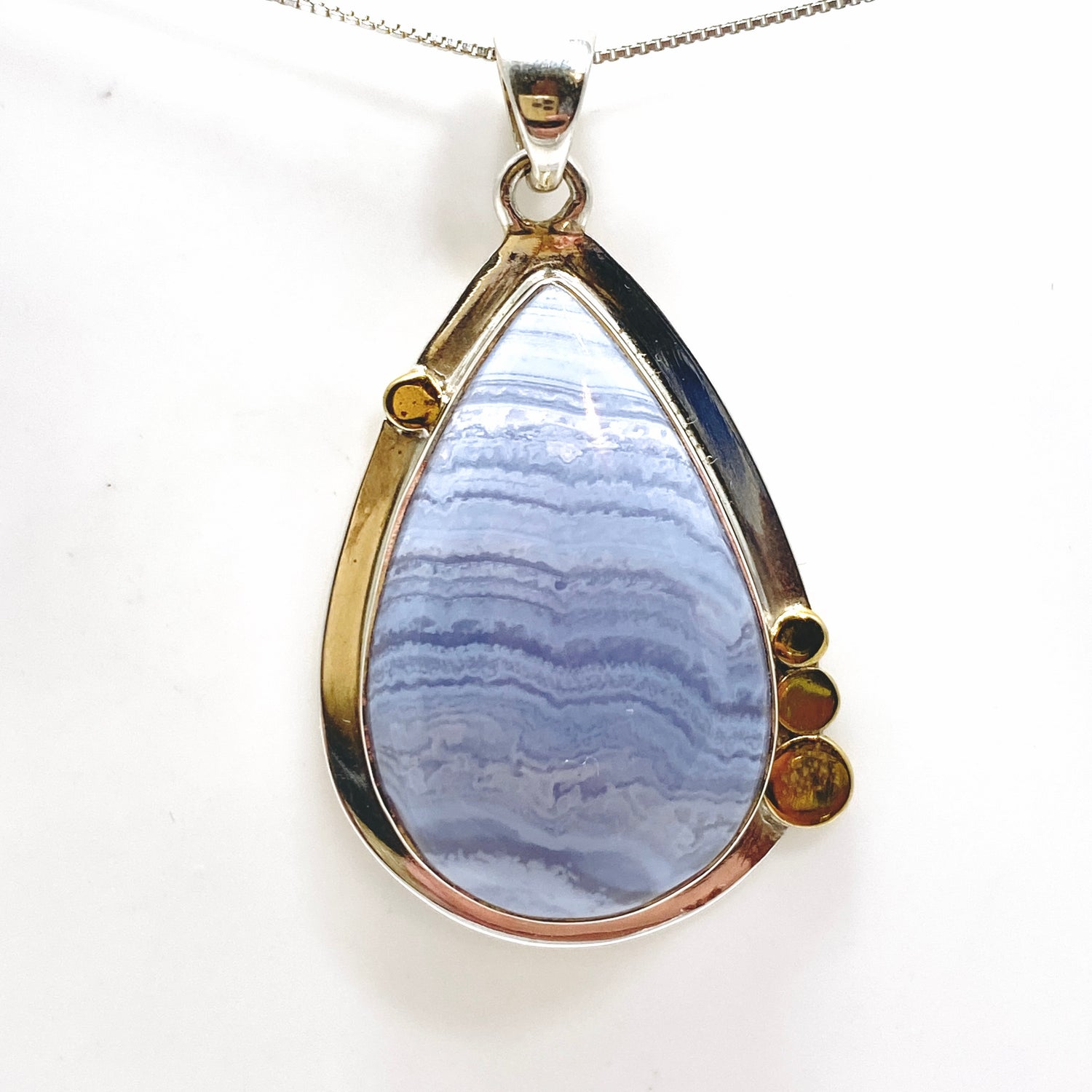 Blue Lace Agate Teardrop Cabochon Pendant in a Decorative Setting KPGJ4833