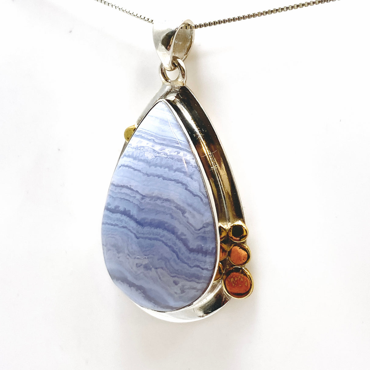 Blue Lace Agate Teardrop Cabochon Pendant in a Decorative Setting KPGJ4833