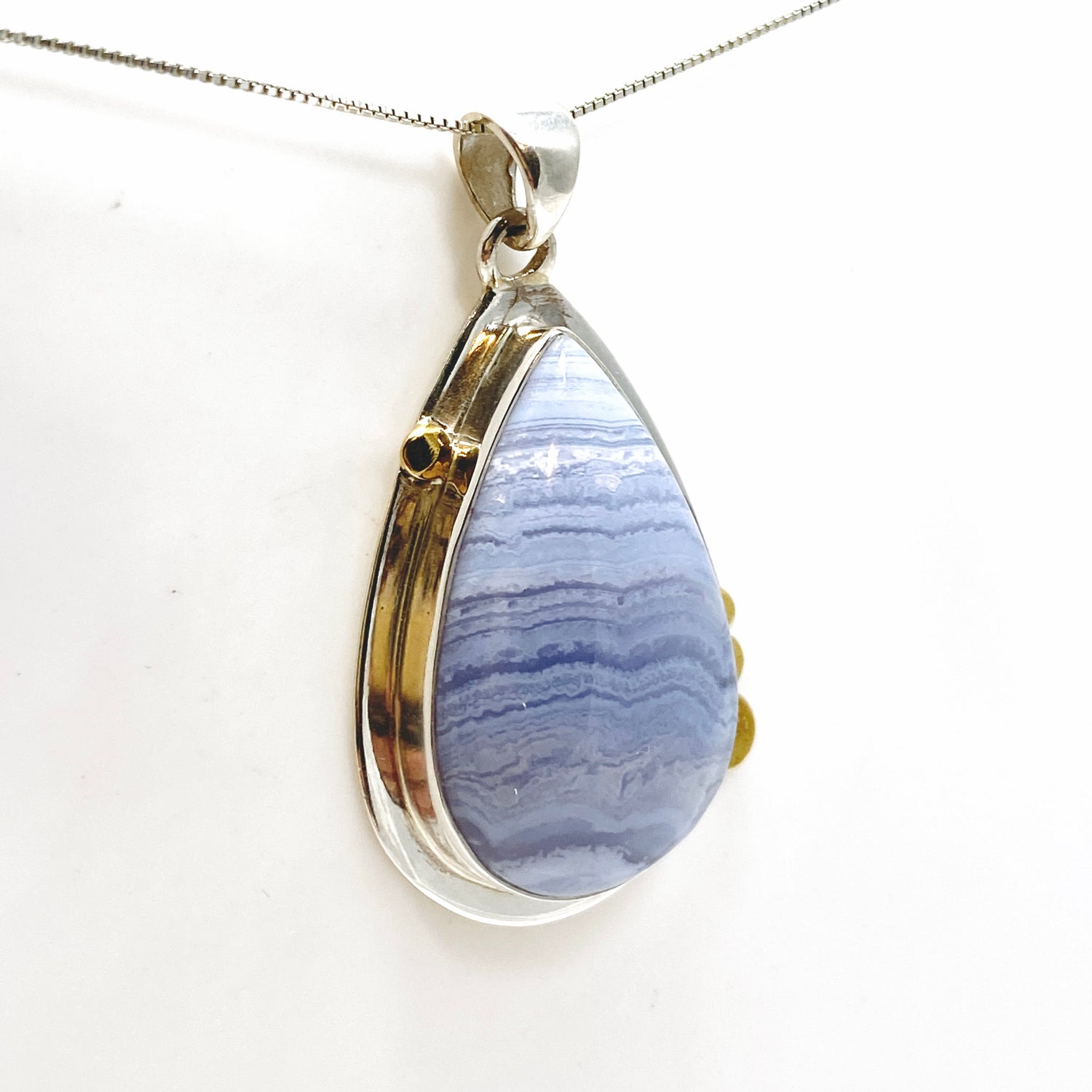 Blue Lace Agate Teardrop Cabochon Pendant in a Decorative Setting KPGJ4833