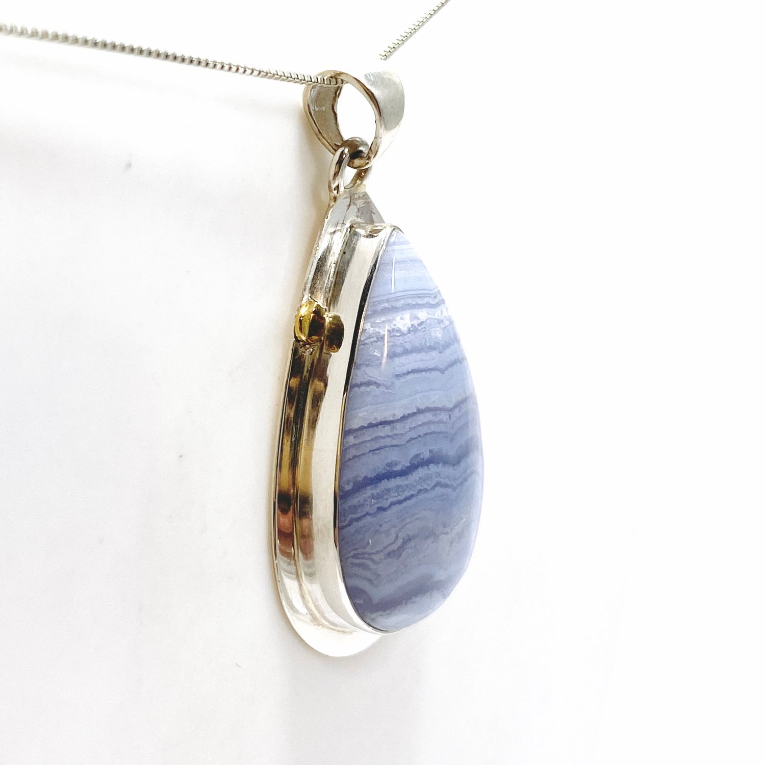 Blue Lace Agate Teardrop Cabochon Pendant in a Decorative Setting KPGJ4833
