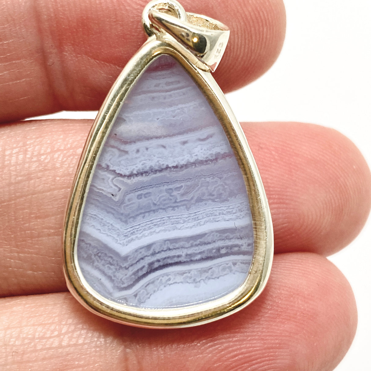 Blue Lace Agate Teardrop Cabochon Pendant in a Hammered Setting KPGJ4830