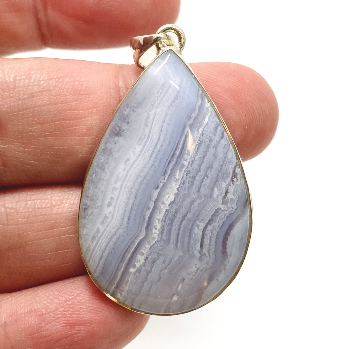 Blue Lace Agate Teardrop Cabochon Pendant in a Hammered Setting KPGJ4831