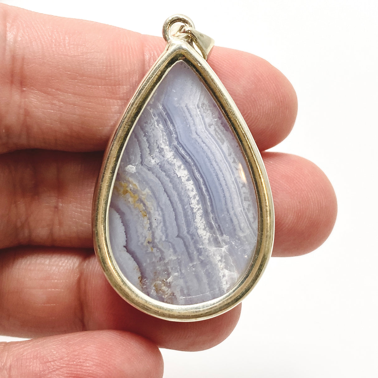 Blue Lace Agate Teardrop Cabochon Pendant in a Hammered Setting KPGJ4831