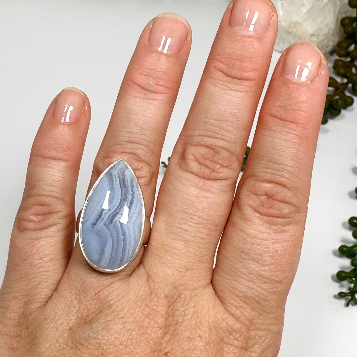 Blue Lace Agate Teardrop Cabochon Ring Size 7 KRGJ3379