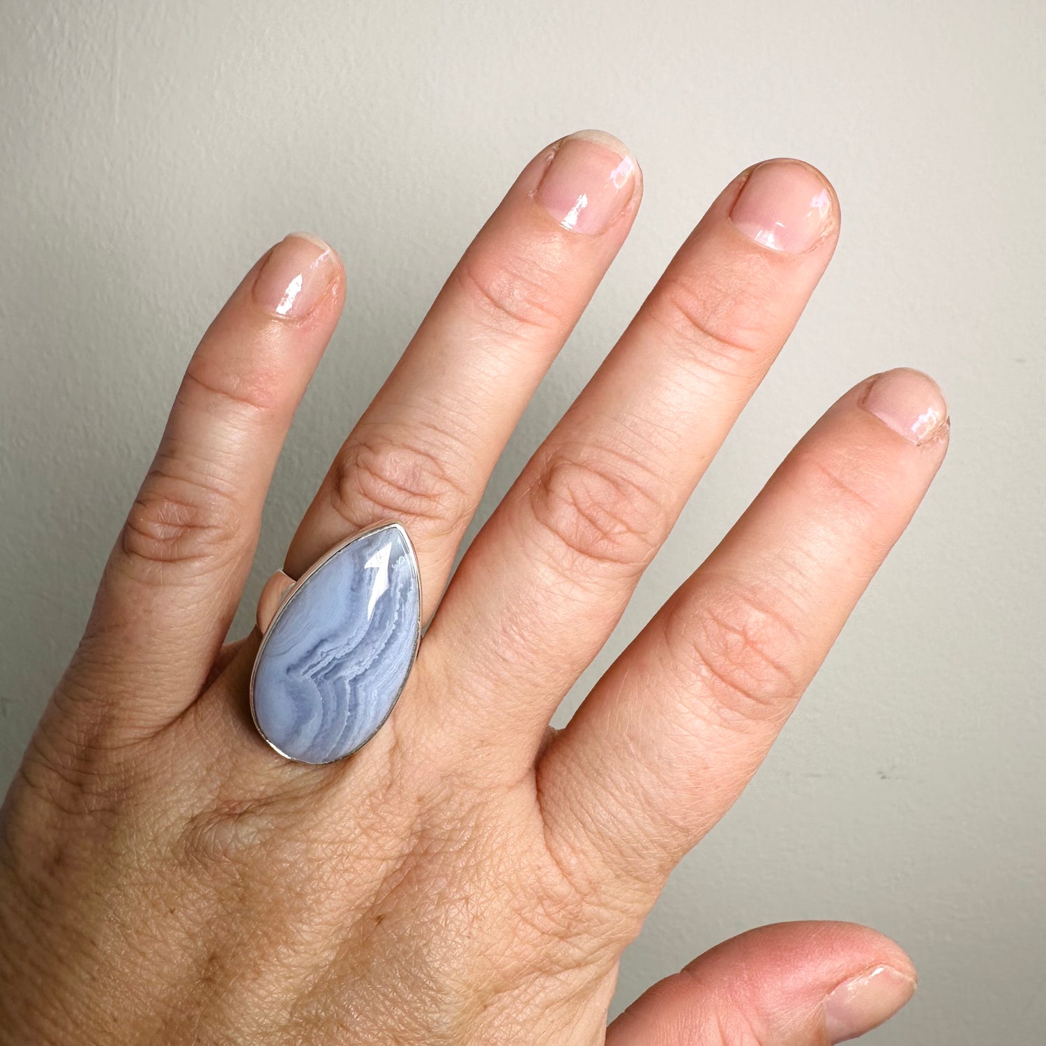 Blue Lace Agate Teardrop Cabochon Ring Size 7 KRGJ3379