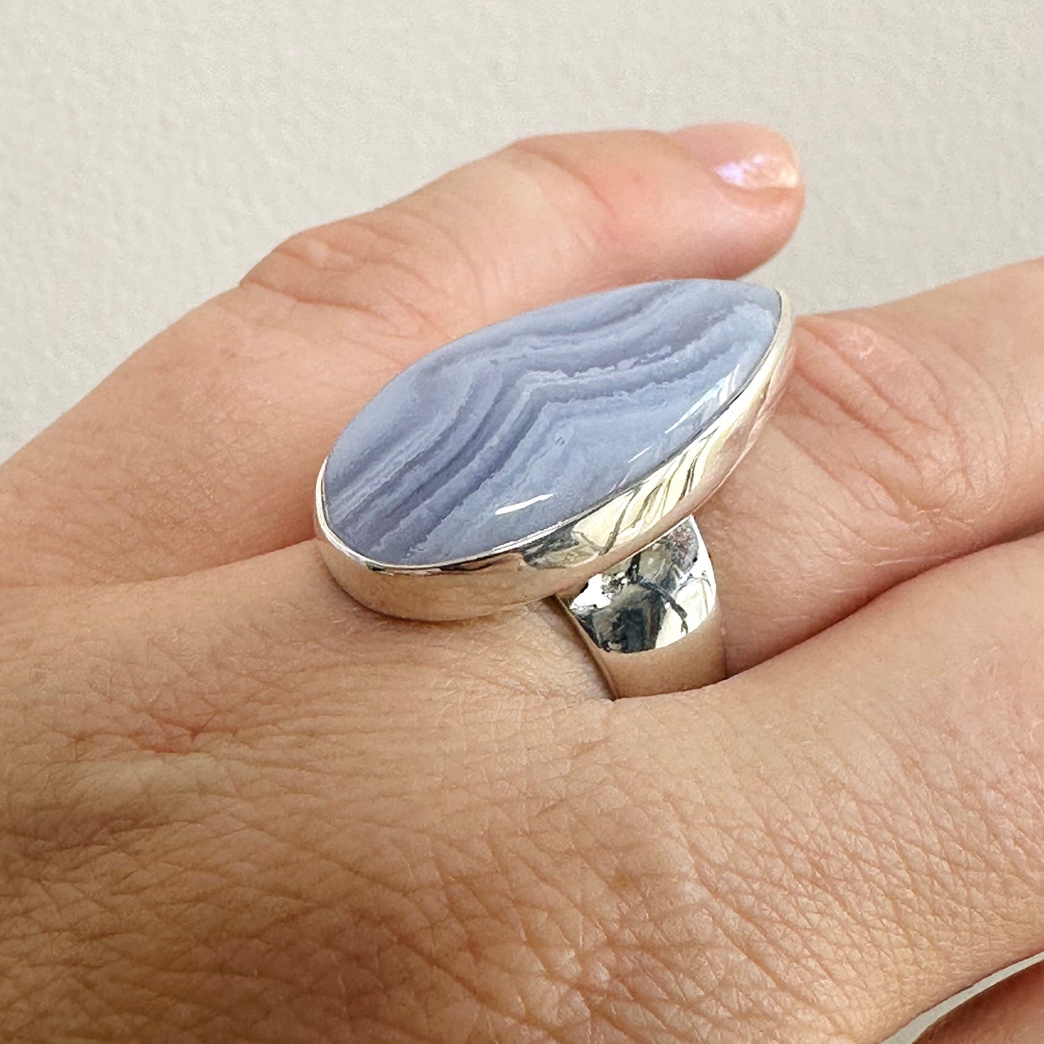 Blue Lace Agate Teardrop Cabochon Ring Size 7 KRGJ3379