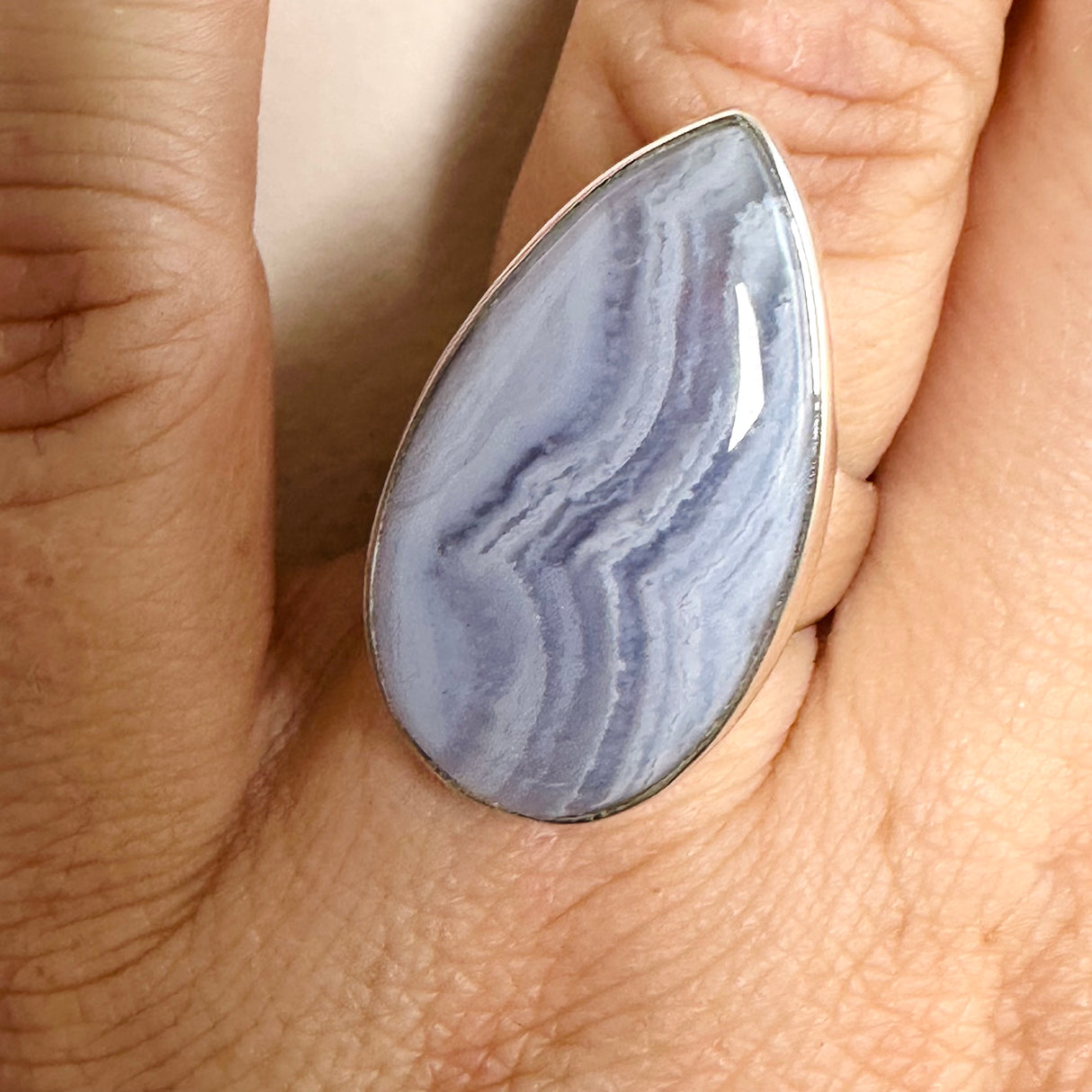 Blue Lace Agate Teardrop Cabochon Ring Size 7 KRGJ3379