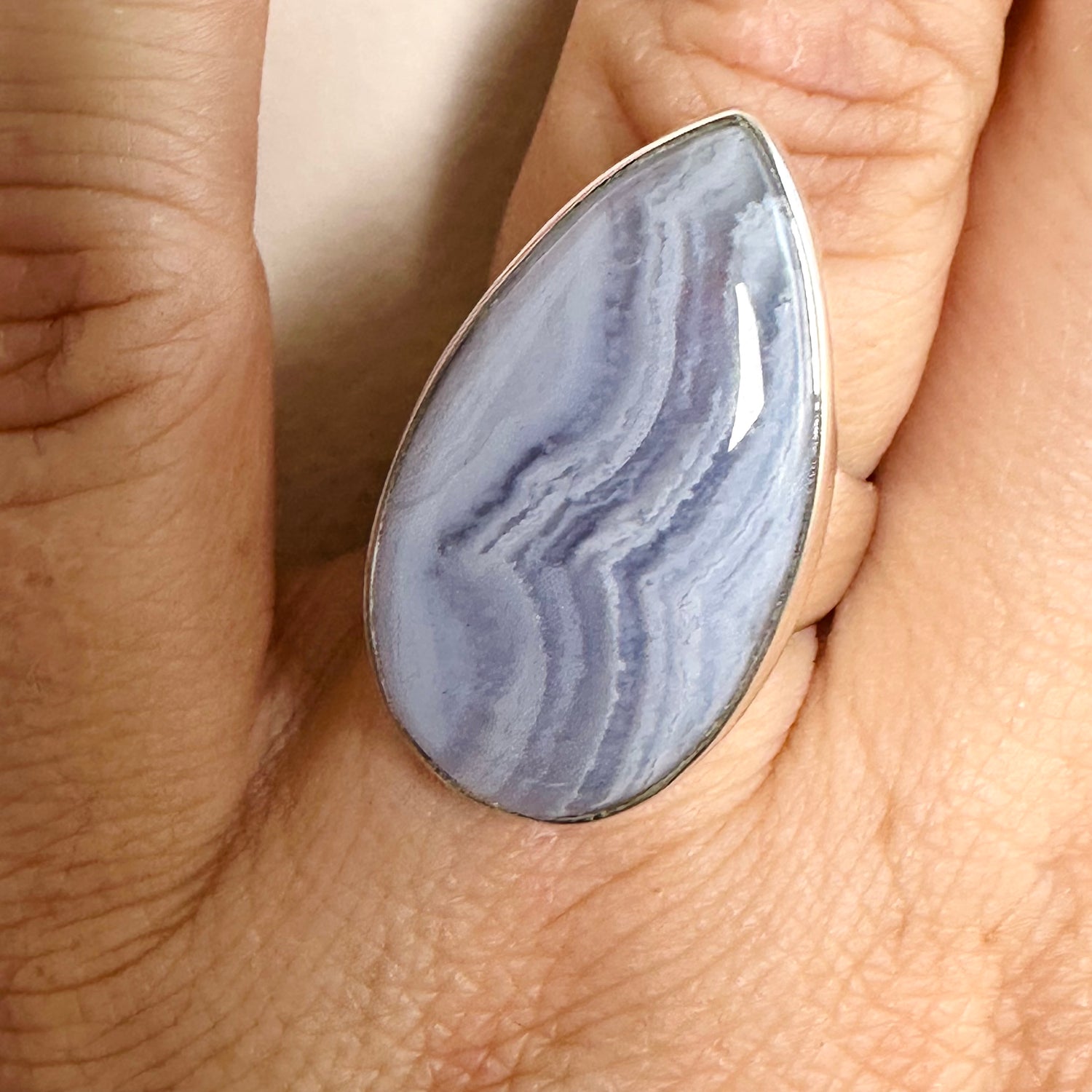 Blue Lace Agate Teardrop Cabochon Ring Size 7 KRGJ3379