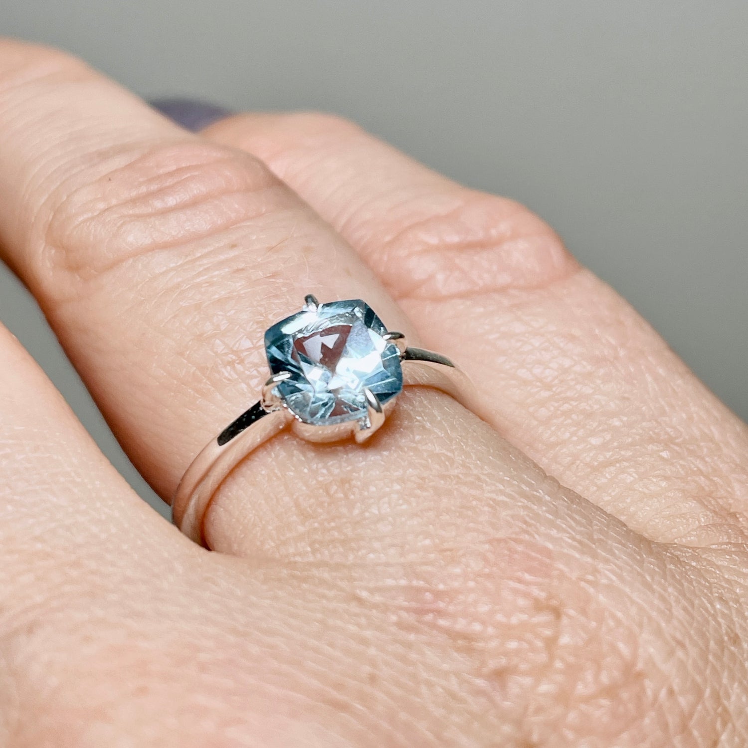 Blue Topaz Faceted Square Solitare Ring R4806