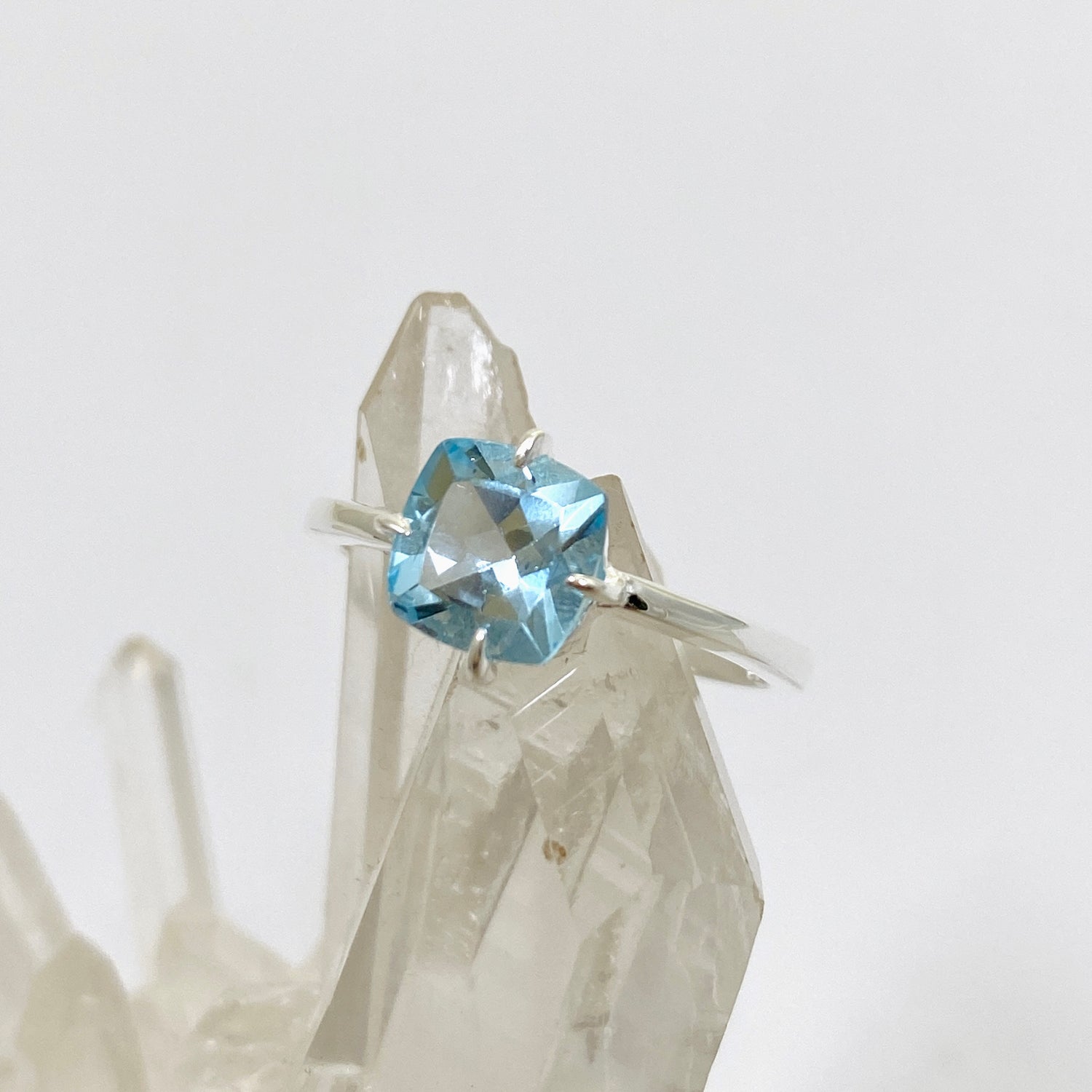 Blue Topaz Faceted Square Solitare Ring R4806