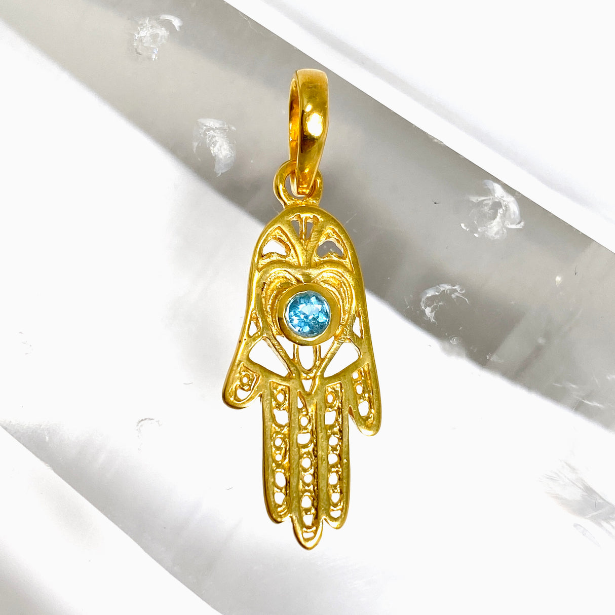 Blue Topaz Round Faceted Hamsa Hand Gold Plated Pendant PPGJ1219