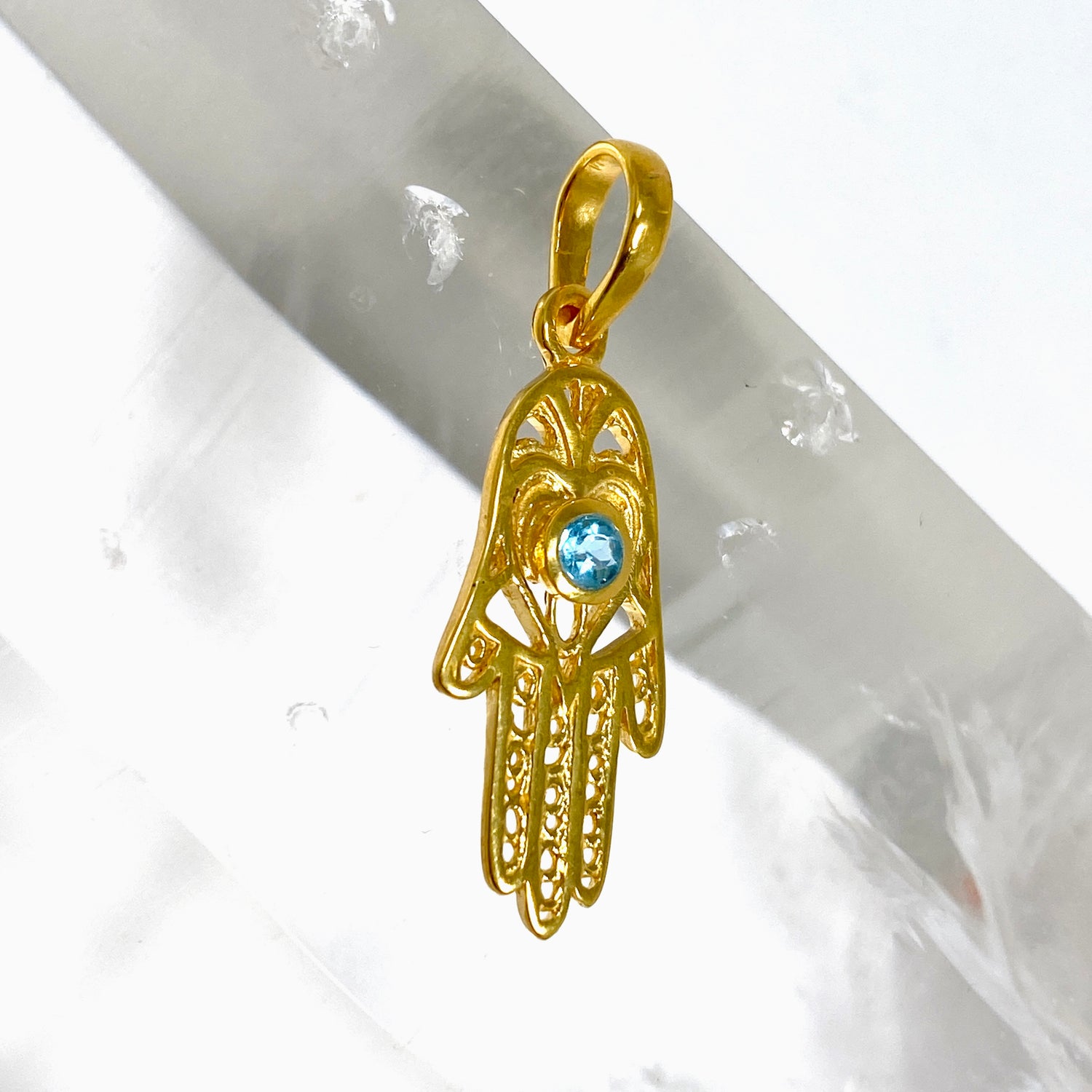 Blue Topaz Round Faceted Hamsa Hand Gold Plated Pendant PPGJ1219