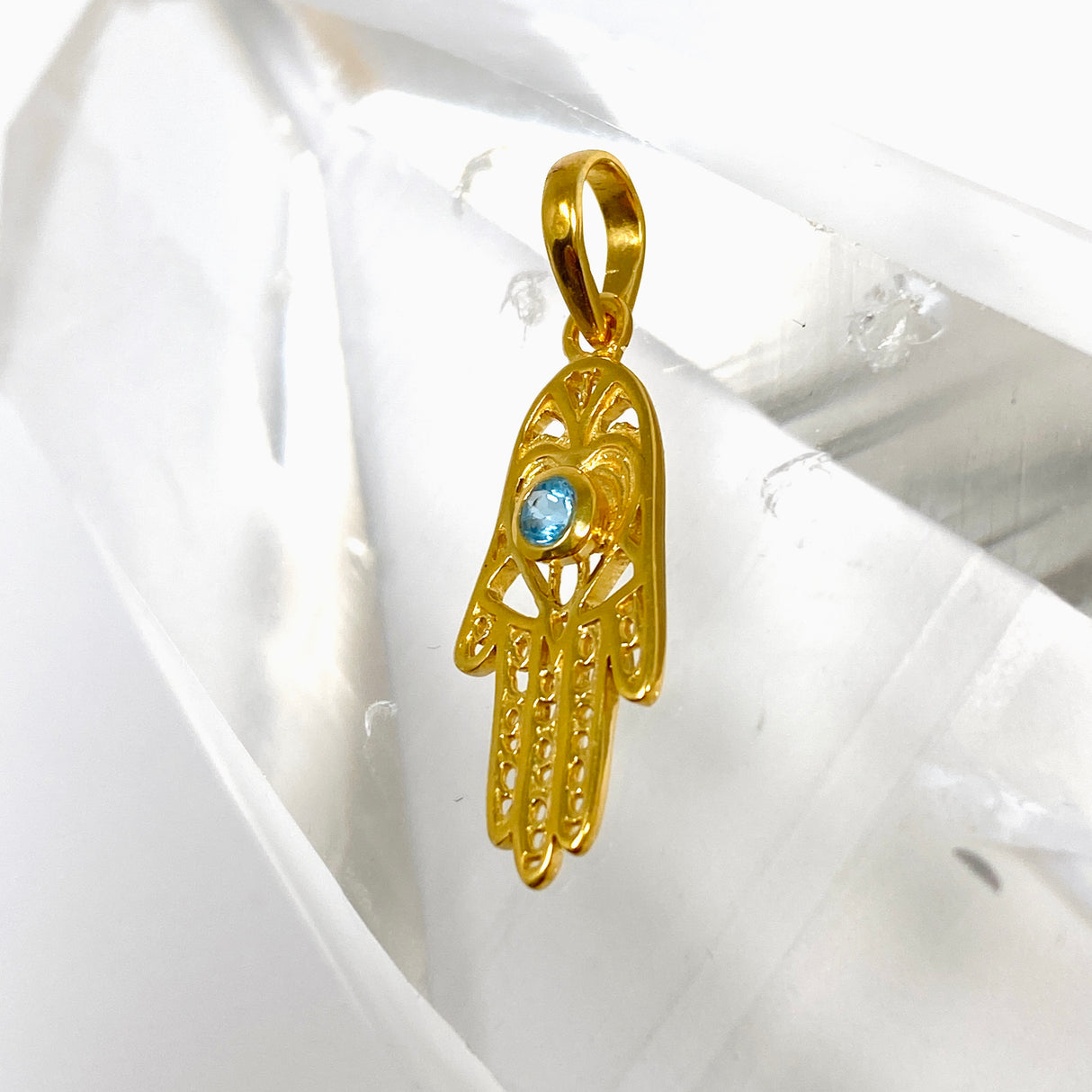 Blue Topaz Round Faceted Hamsa Hand Gold Plated Pendant PPGJ1219