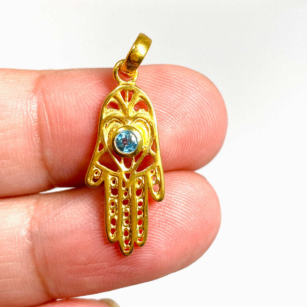 Blue Topaz Round Faceted Hamsa Hand Gold Plated Pendant PPGJ1219