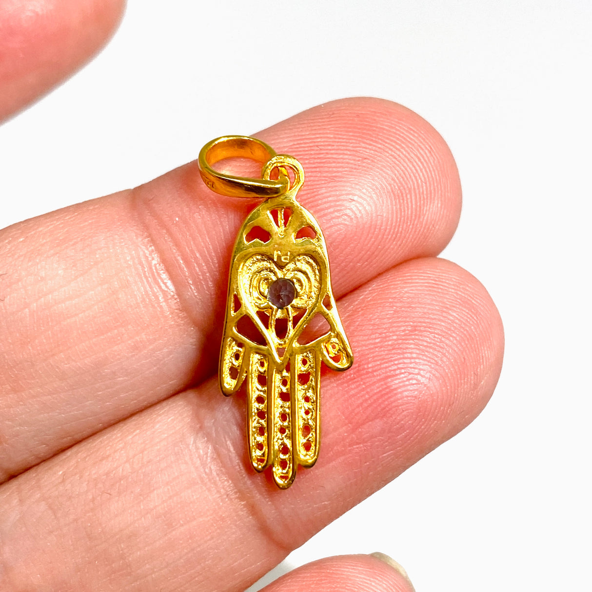 Blue Topaz Round Faceted Hamsa Hand Gold Plated Pendant PPGJ1219