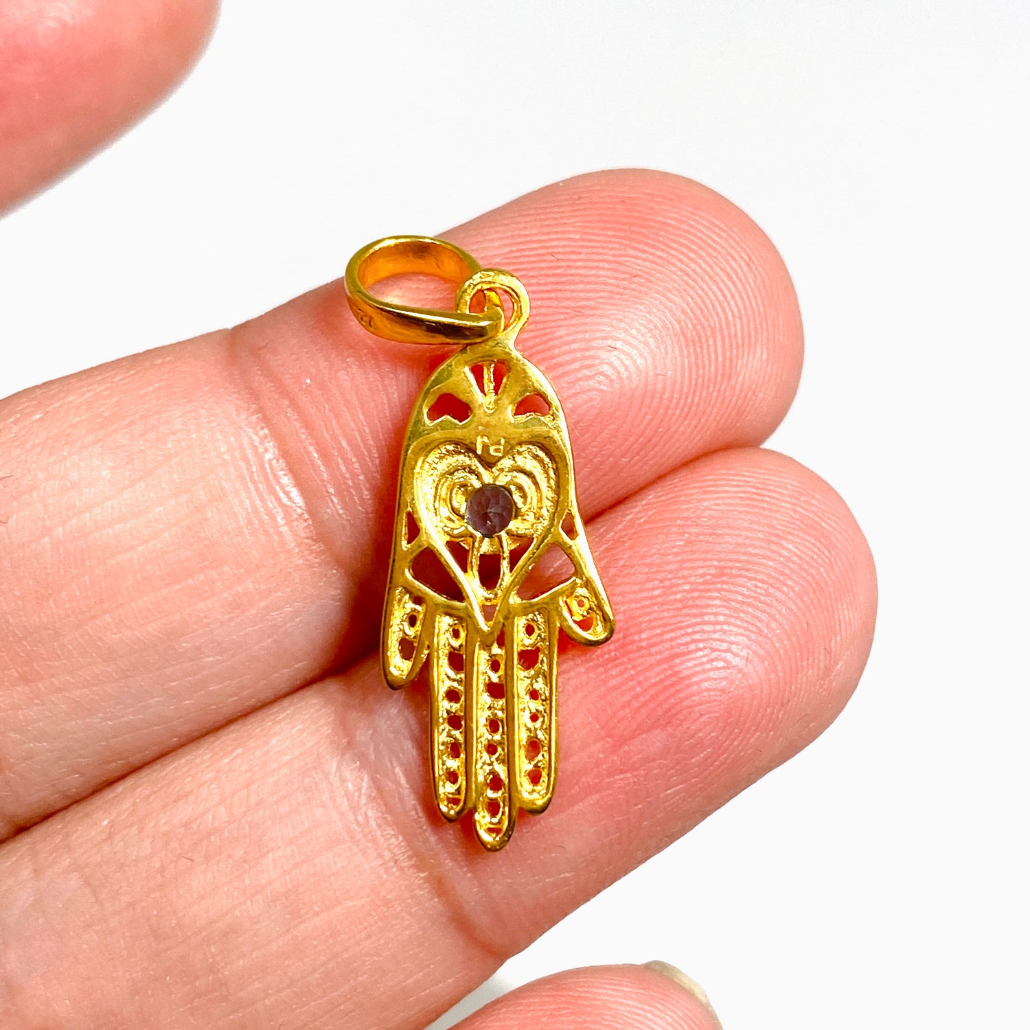 Blue Topaz Round Faceted Hamsa Hand Gold Plated Pendant PPGJ1219
