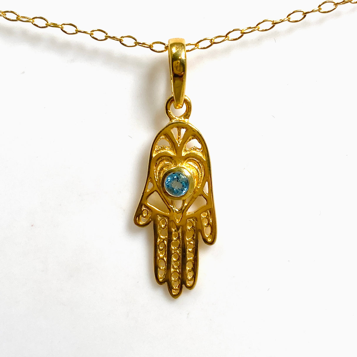 Blue Topaz Round Faceted Hamsa Hand Gold Plated Pendant PPGJ1219