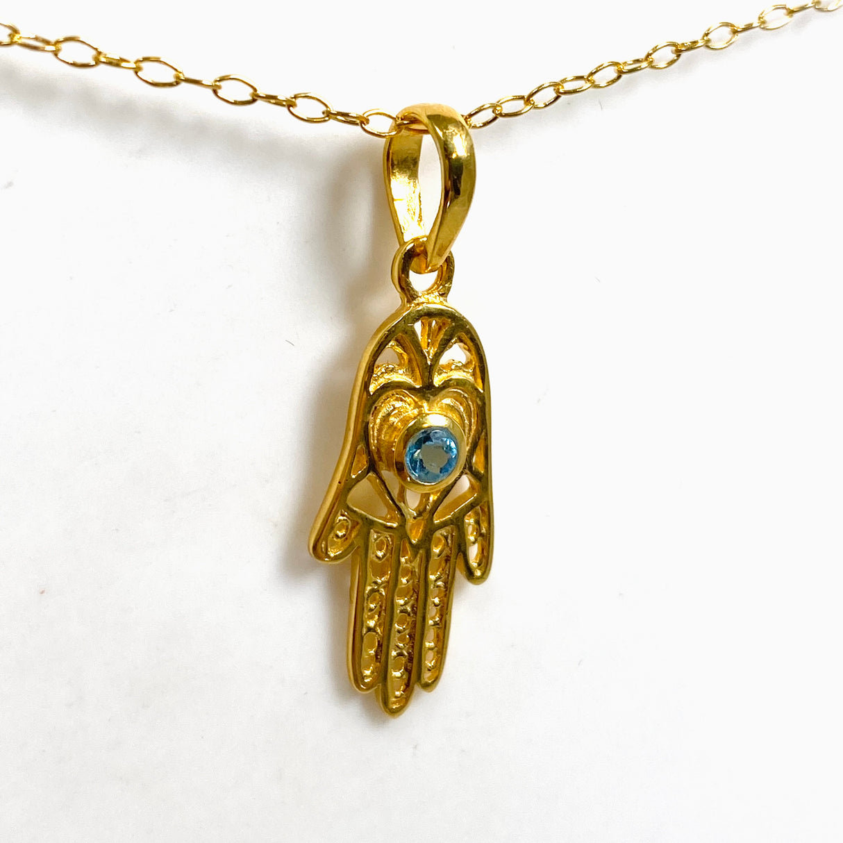 Blue Topaz Round Faceted Hamsa Hand Gold Plated Pendant PPGJ1219