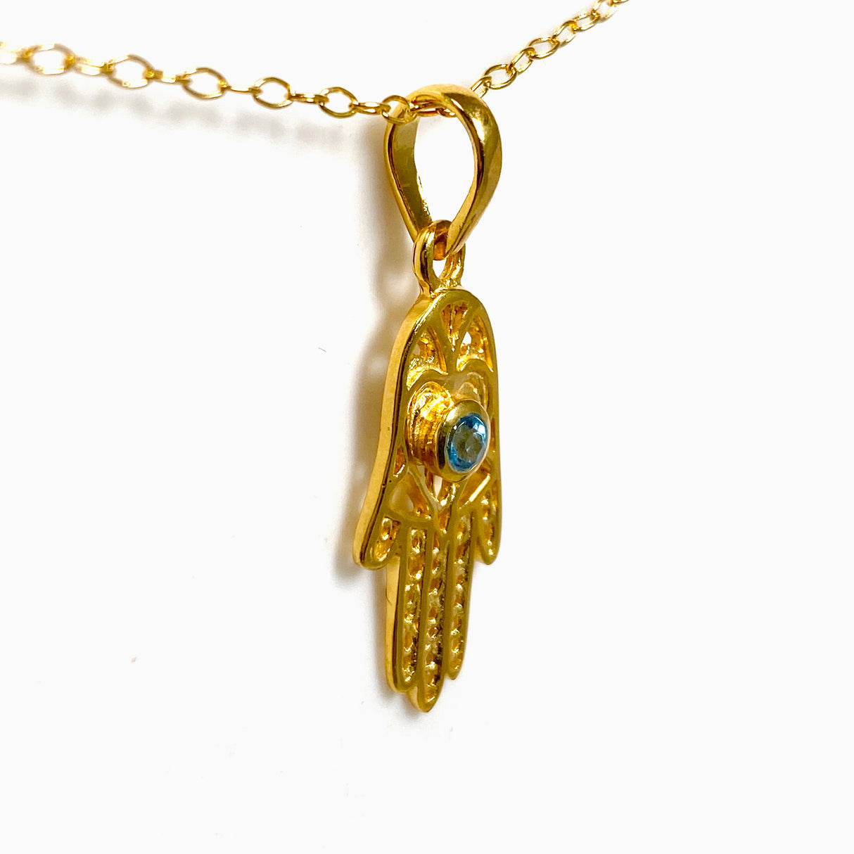Blue Topaz Round Faceted Hamsa Hand Gold Plated Pendant PPGJ1219