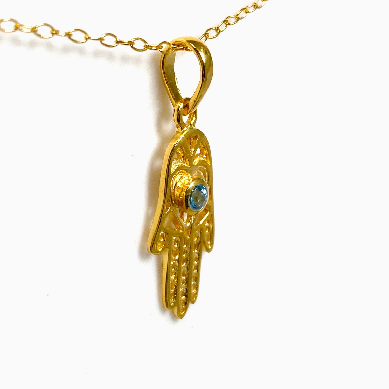 Blue Topaz Round Faceted Hamsa Hand Gold Plated Pendant PPGJ1219