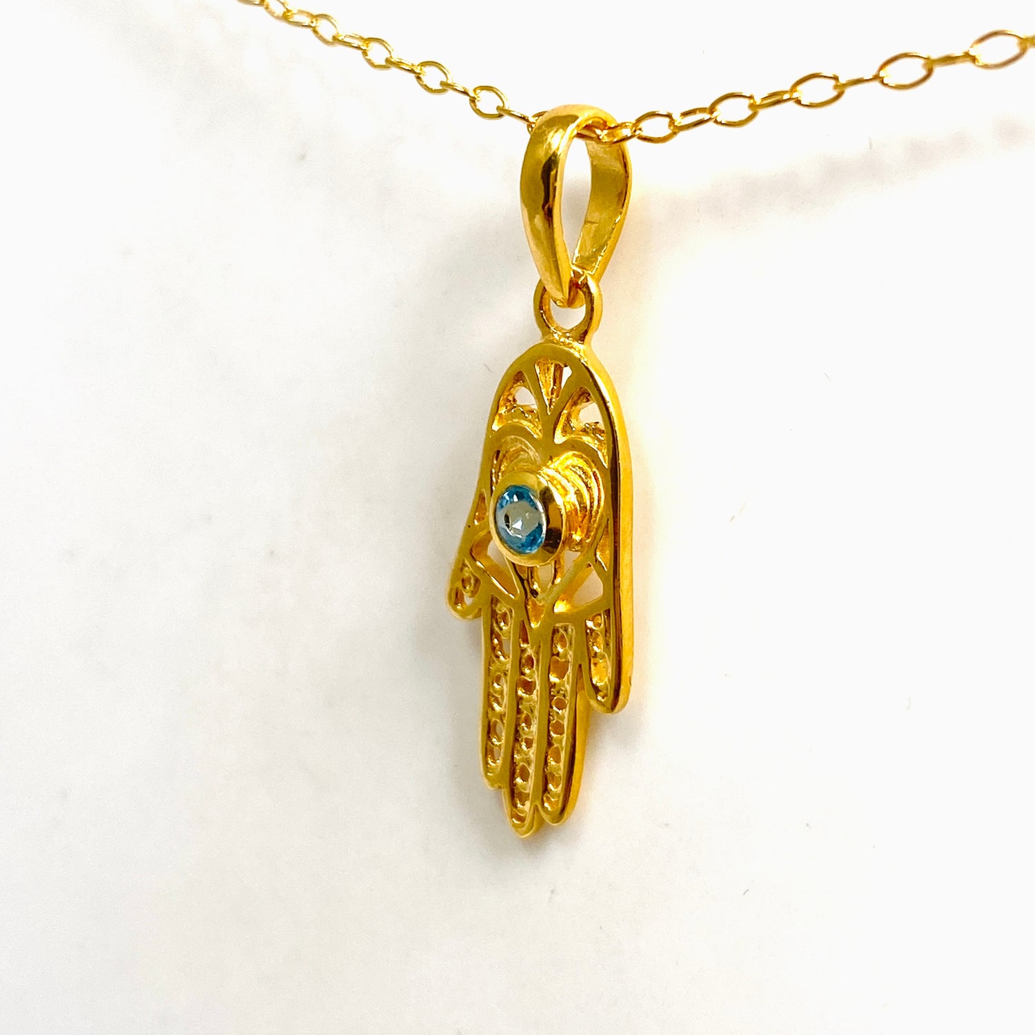 Blue Topaz Round Faceted Hamsa Hand Gold Plated Pendant PPGJ1219
