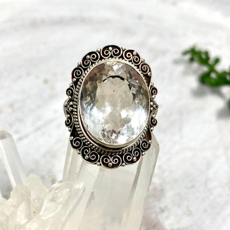 Boho Style Clear Quartz faceted oval filagree ring s.9 KRGJ2777 - Nature's Magick