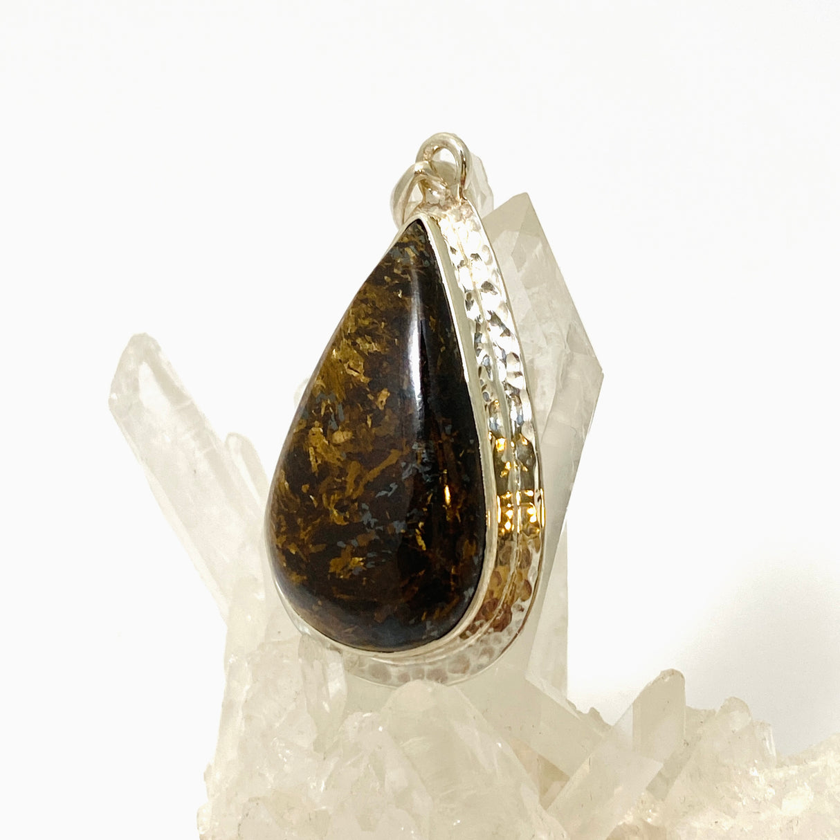 Bronzite Teardrop Cabochon Pendant in a Hammered Setting KPGJ4842