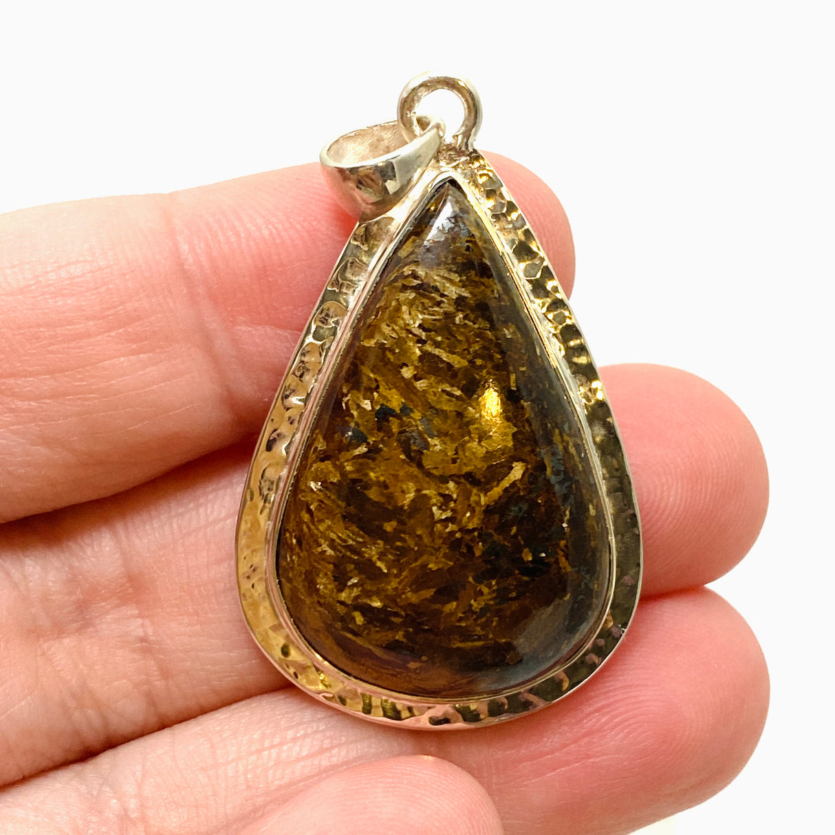 Bronzite Teardrop Cabochon Pendant in a Hammered Setting KPGJ4842
