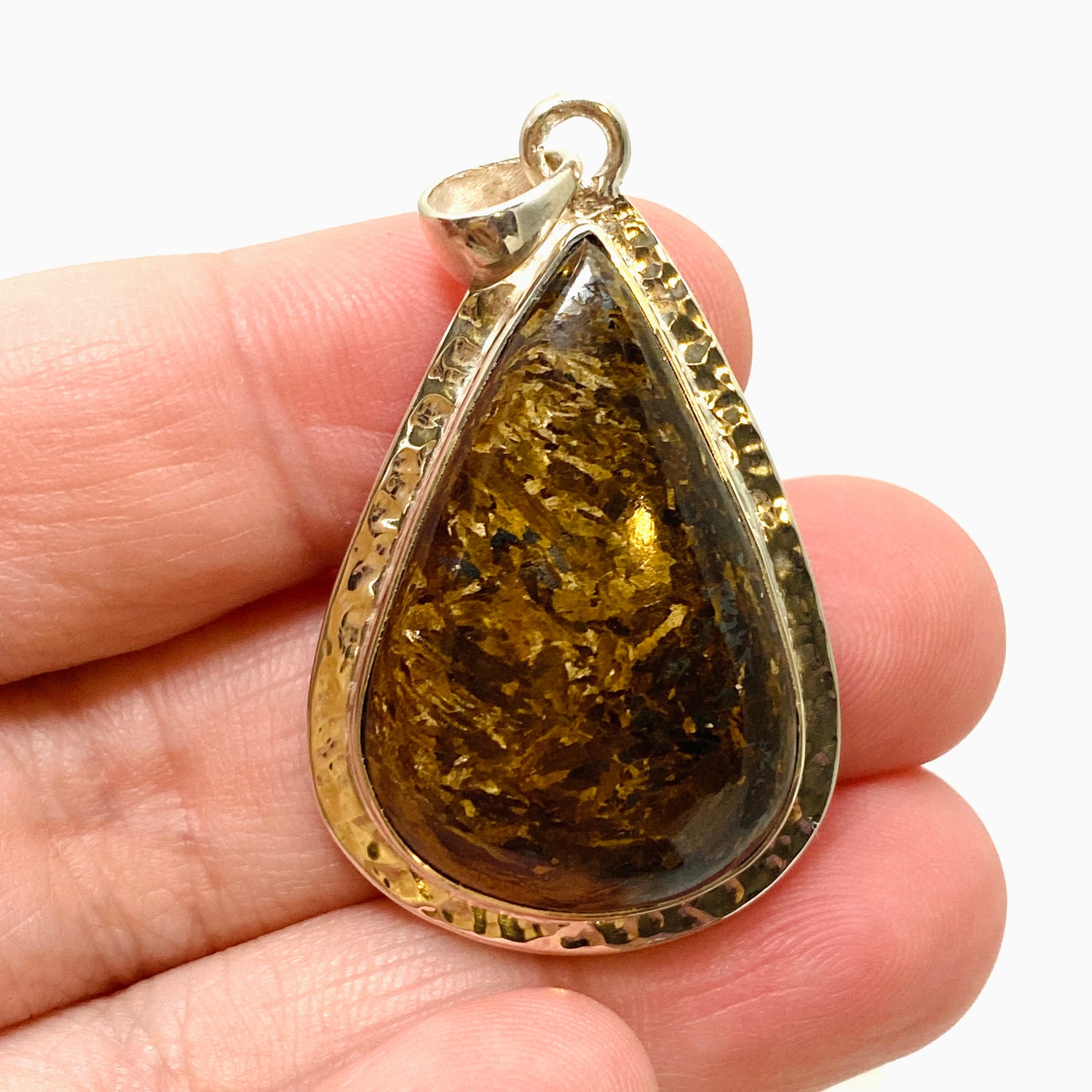 Bronzite Teardrop Cabochon Pendant in a Hammered Setting KPGJ4842