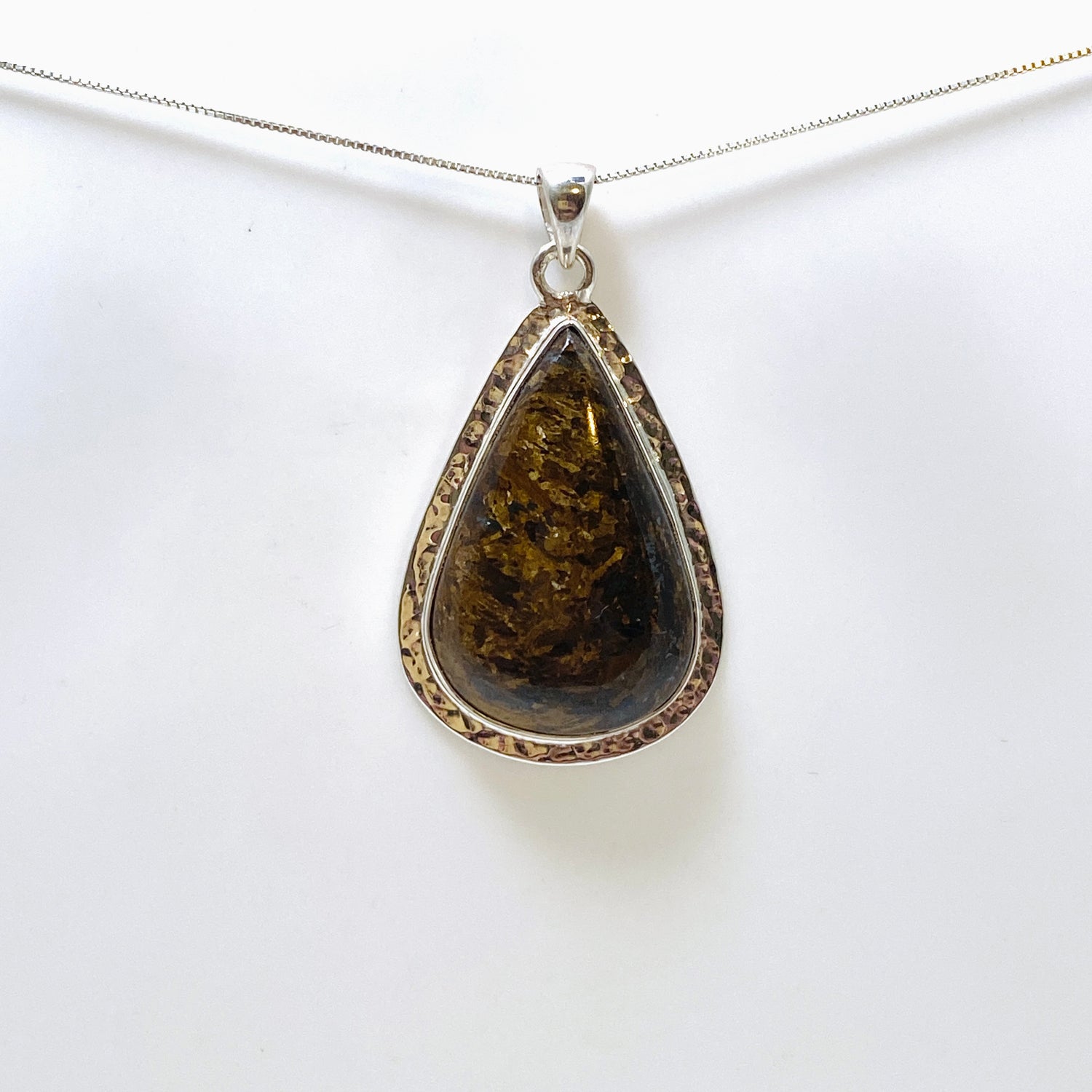Bronzite Teardrop Cabochon Pendant in a Hammered Setting KPGJ4842