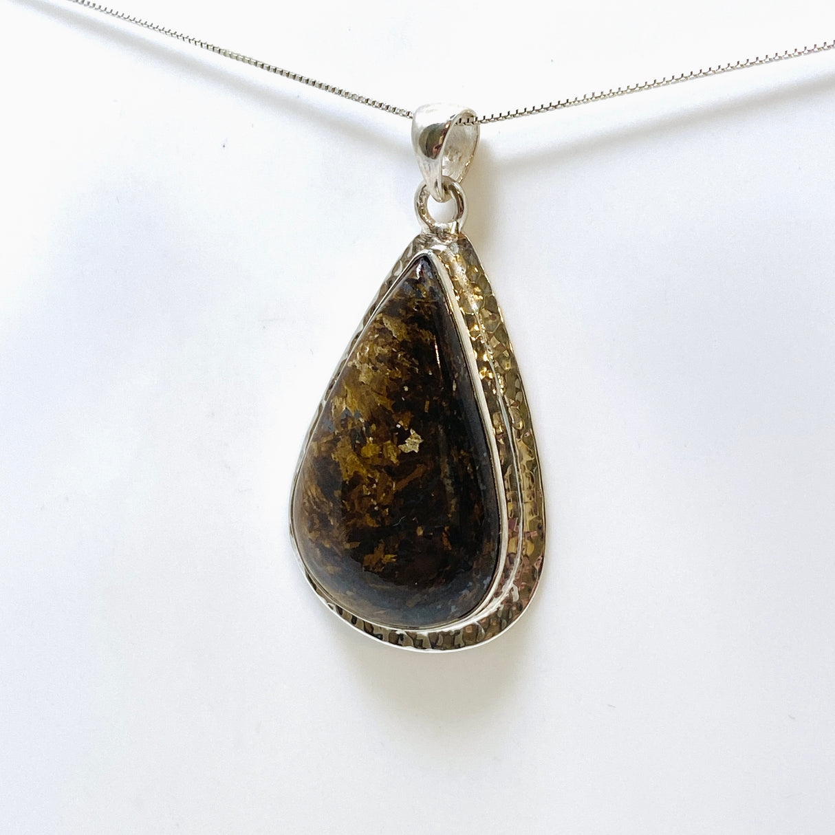 Bronzite Teardrop Cabochon Pendant in a Hammered Setting KPGJ4842