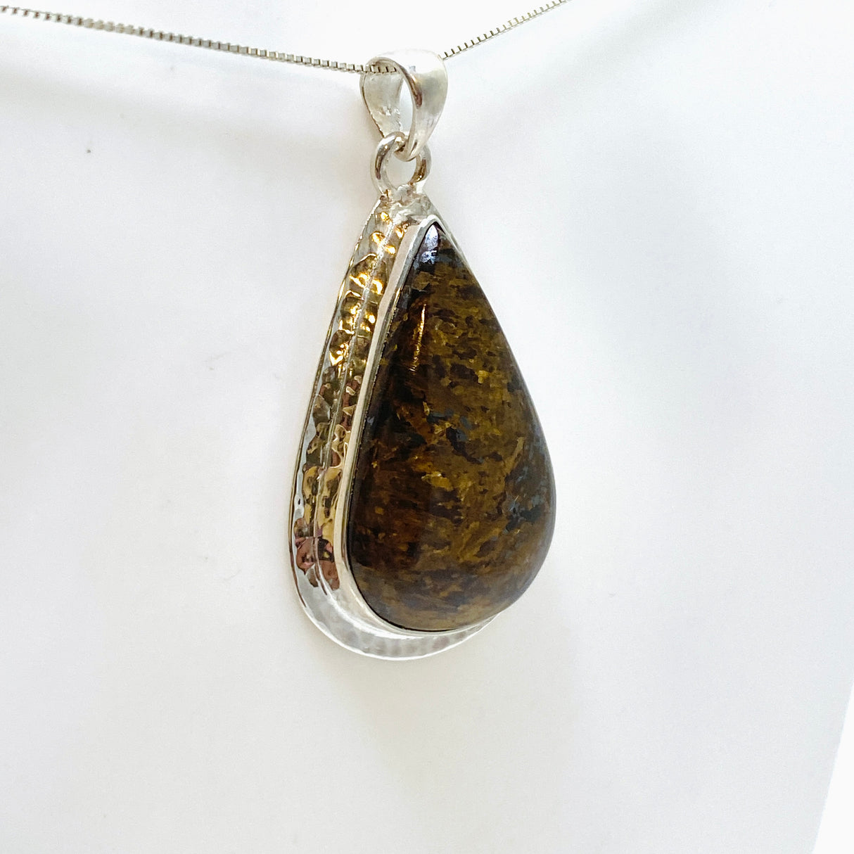 Bronzite Teardrop Cabochon Pendant in a Hammered Setting KPGJ4842
