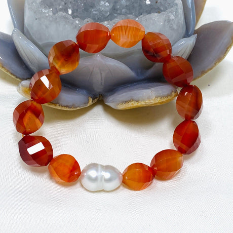 Carnelian Faceted Bead and Pearl Gemstone Bracelet GB-EP-CAR-01 - Nature's Magick