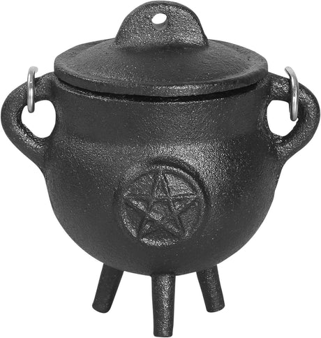 Cast Iron Cauldron with lid - medium Pentagram design - Nature's Magick