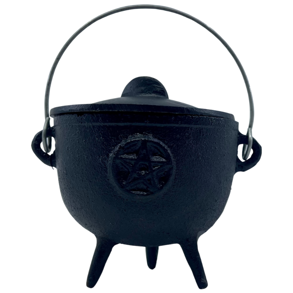 Cast Iron Cauldron with lid - large 10cm Pentagram design