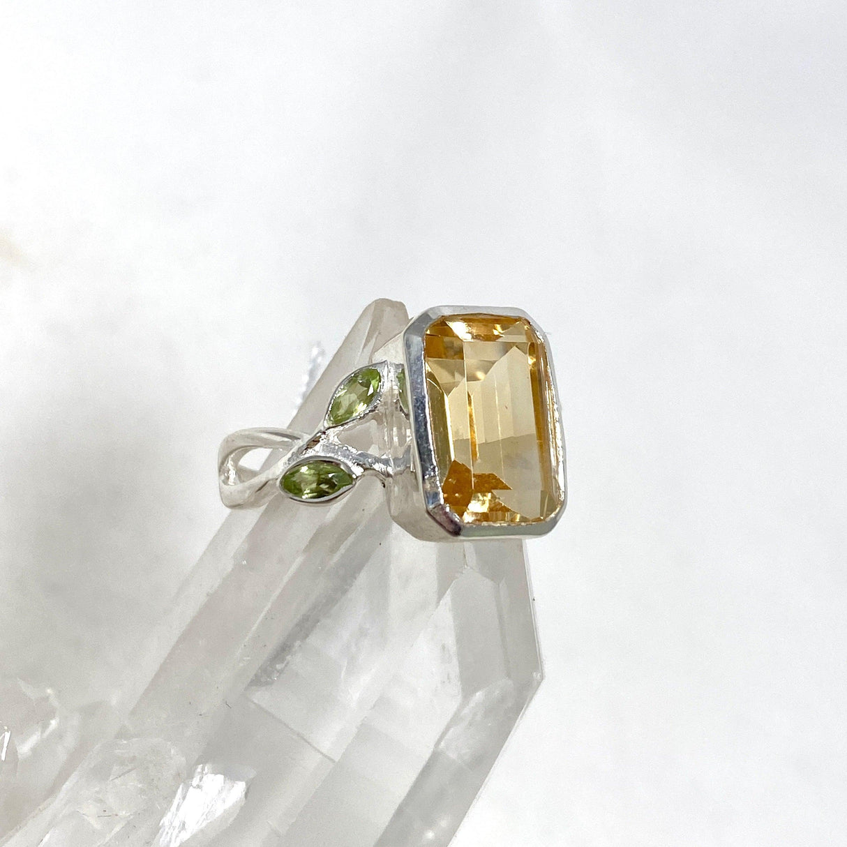 Citrine Faceted Rectangular Multistone Ring with Botanical Details R3806 - Nature's Magick