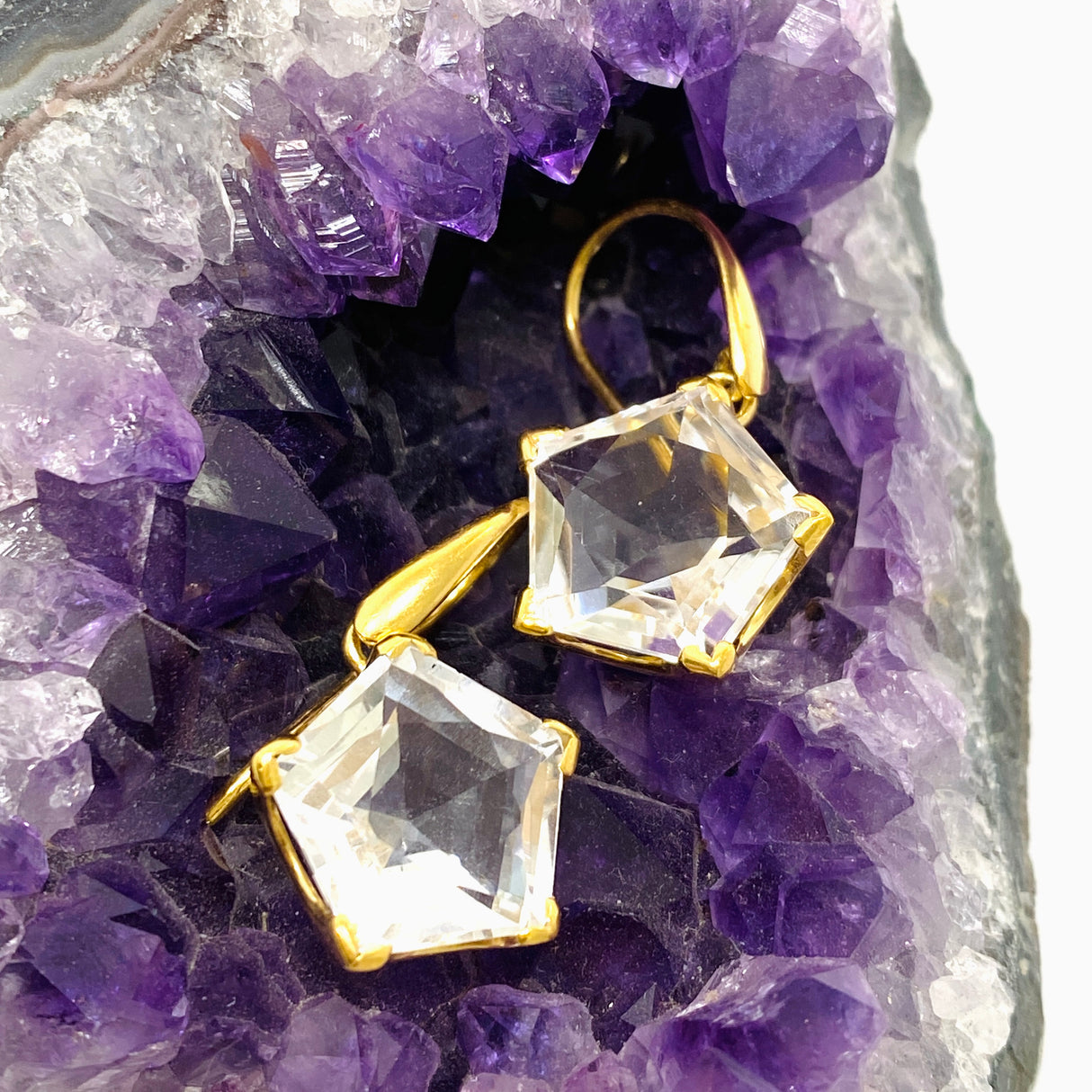 Clear Quartz Pentagon Faceted Star Gold Plated Claw Set Drop Earrings PEGJ372