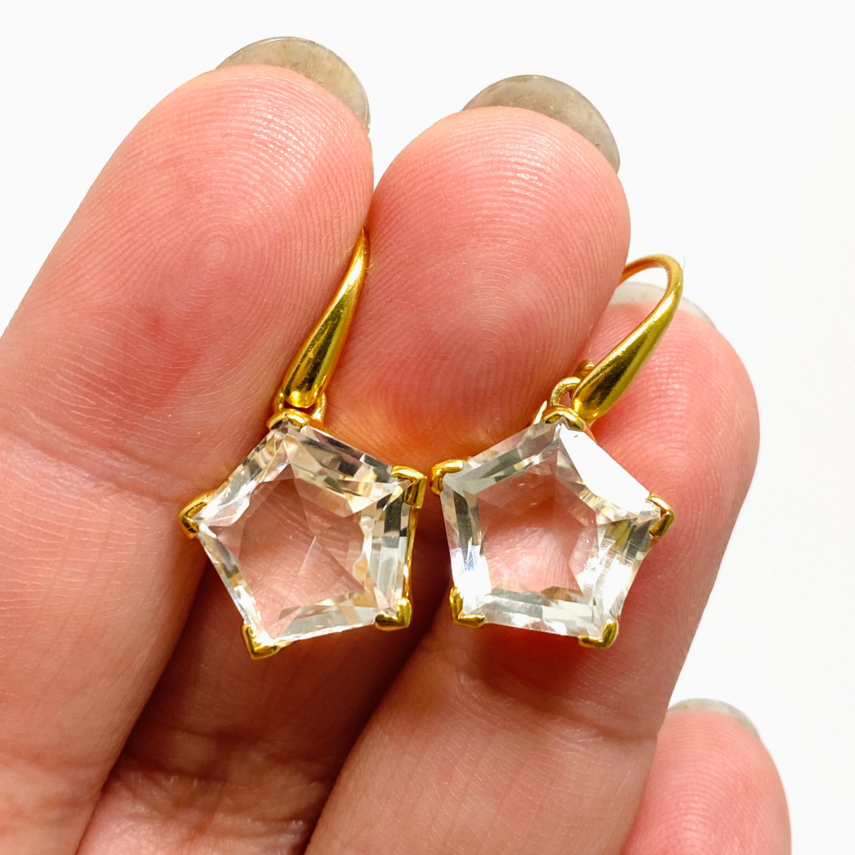 Clear Quartz Pentagon Faceted Star Gold Plated Claw Set Drop Earrings PEGJ372