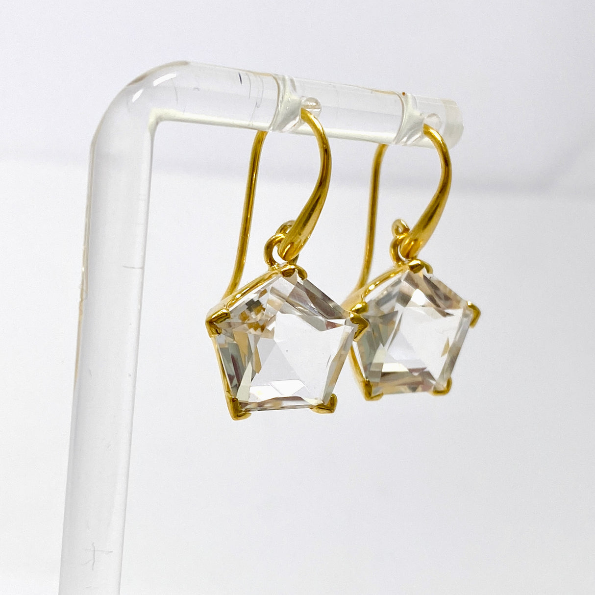 Clear Quartz Pentagon Faceted Star Gold Plated Claw Set Drop Earrings PEGJ372