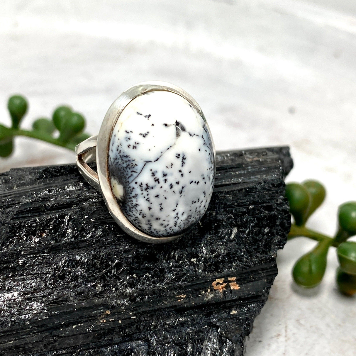 Dendritic Opal oval cabochon ring with split band s.6 KRGJ1715 - Nature's Magick